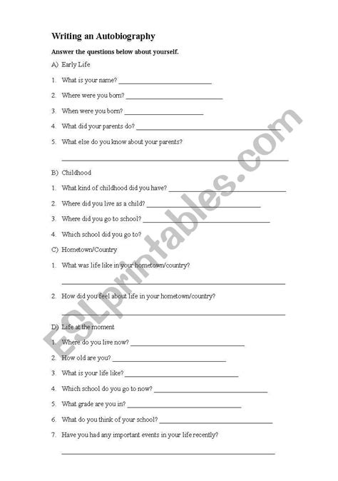 English Worksheets Writing An Autobiography
