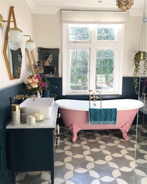 Pink Clawfoot Tub In A Dream Bathroom Betterhomesandgardens Eclectic Bathroom Navy Bathroom