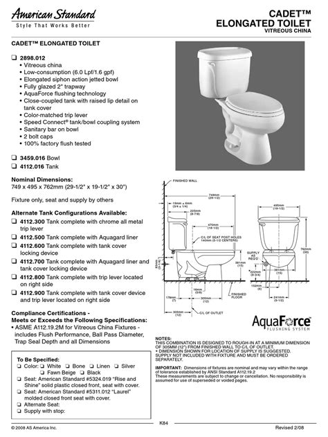 American Standard Cadet Elongated Toilet 2898012 Features And Dimensions