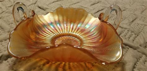 Fenton Vintage Stippled Rays Marigold Carnival Glass Bon Bon Dish Handles 3921971137