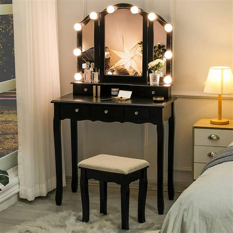 Tiptiper Make Up Vanity Set With Lighted Tri Folding Mirror Vanity Table With 10 Led Light