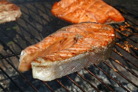 Grilled Salmon Fish Steak Stock Photos Motion Array