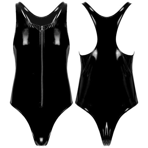 Mens Metallic Leather High Cut Bodysuit Leotard One Piece Swimwear Bathing Suit Ebay