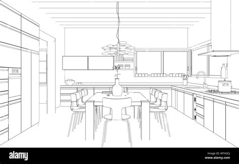 Interior Design Modern Kitchen Drawing Plan Stock Photo Alamy