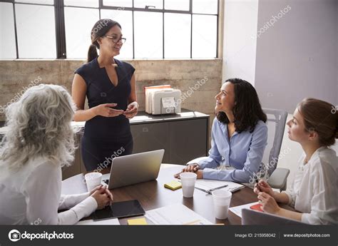 Female Manager Glasses Addressing Businesswomen Meeting — Stock Photo