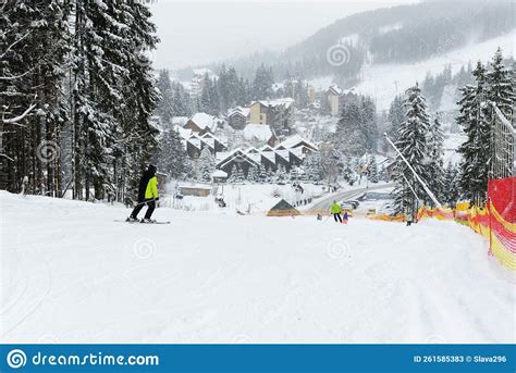 The Skiers And Snowborders Are On Slope In Bukovel Ski Resort Editorial