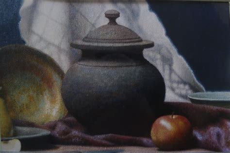 An Oil Painting Of Apples Pears And A Pot On A Table Cloth With Other