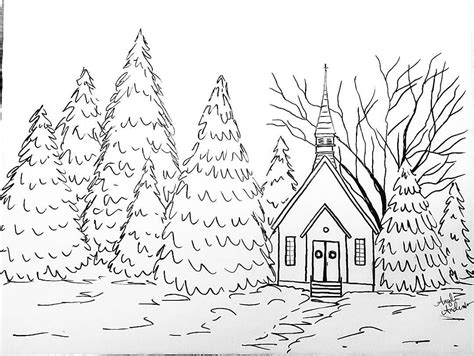 Snowy Chapel Traceable Coloring Sheet #angelafineart | Acrylic Painting Traceables by Angela ...
