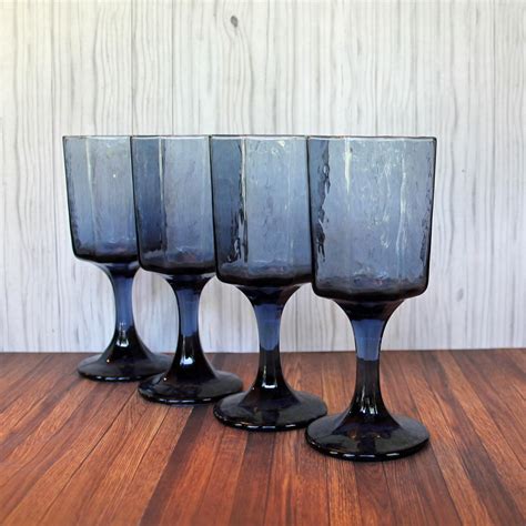 Vintage Libbey Glass Facets Cobalt Blue Faceted Wine Glass 6 Oz Goblet Set Of 4