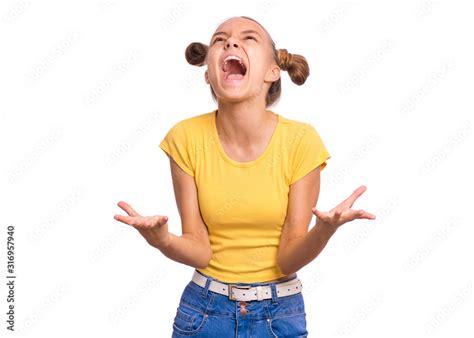 Emotional Portrait Of Teen Girl Screaming Isolated On White Background