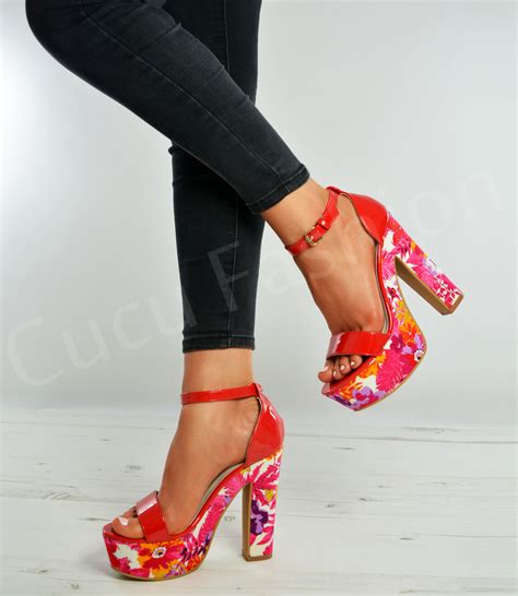 Womens Floral Platform Sandals Ladies High Block Heels Peep Toe Strappy