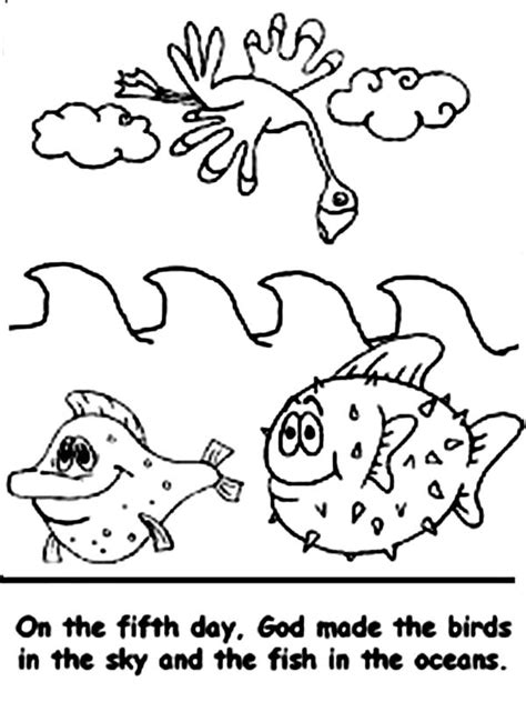 Fifth Days Of Creation God Made Fishes And Birds Coloring Pages