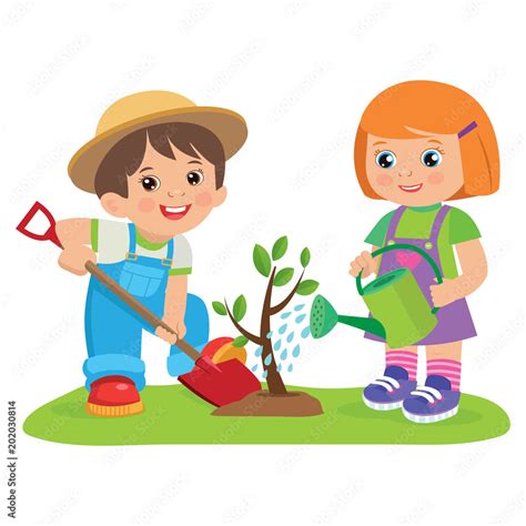 Cute Cartoon Girl And Boy Working In The Garden Vector Illustration