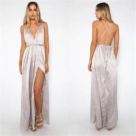 New Arrival Split Maxi Dress Solid Sexy Deep V Neck Evening Party