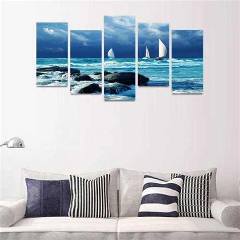 5 Panels Canvas Print Sail Boats On Blue Ocean Painting Wall Art