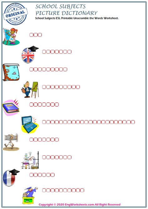 School Subjects Printable English Esl Vocabulary Worksheets Engworksheets
