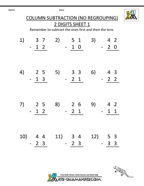 Ccss.math.content.1.oa.a.1 use addition and subtraction within 20 to solve word problems involving situations of adding to, taking from, putting together understand and apply properties of operations and the relationship between addition and subtraction. math subtraction sheets column subtraction 2 digits no regrouping 1 | Math subtraction, 1st ...