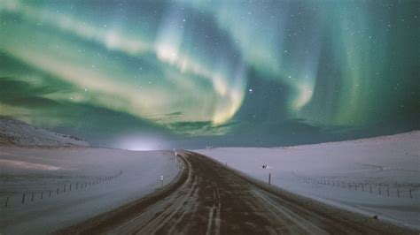 Download Wallpaper 2560x1440 Northern Lights Aurora Road Snow