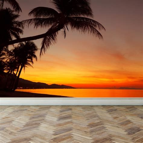 Wall Mural Tropical Sunset Beach With Palm Tree Peel And Stick Repositionable Fabric Wallpaper