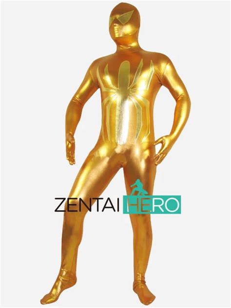 free shipping dhl hot gold color full body shiny metallic spiderman zentai suit spider man super