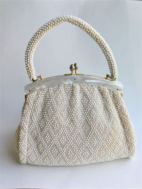 Vintage 50s White Beaded Handbag Mid Century Lucite Trim Ivory Purse
