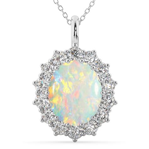 Oval Opal And Diamond Halo Pendant Necklace 14k White Gold 640ct Ad4960