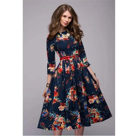 Women Casual Knee Length Dress 2018 New Arrival Long Sleeve Printing Summer Dress For Offical