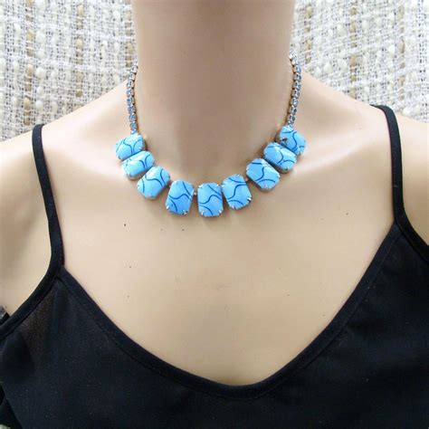 Vintage Marbled Opaque Blue Glass Necklace And Clip Earring Set