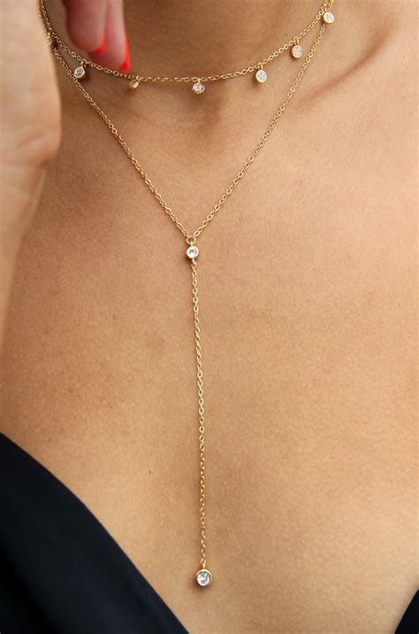 Simplistic Crystal Layered 18k Gold Plated Lariat Necklace Set Ettika