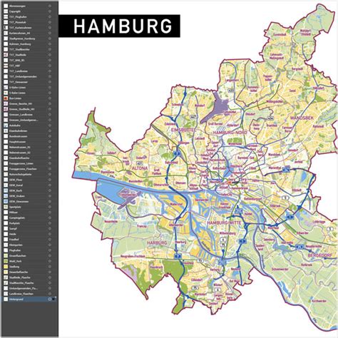 Hier finden sie die gesetzlichen feiertage für hamburg des laufenden (2021), der beiden folgenden (2022, 2023) sowie des vergangenen jahres (2020). Hamburg Stadtplan Vektor Stadtbezirke Stadtteile Topographie