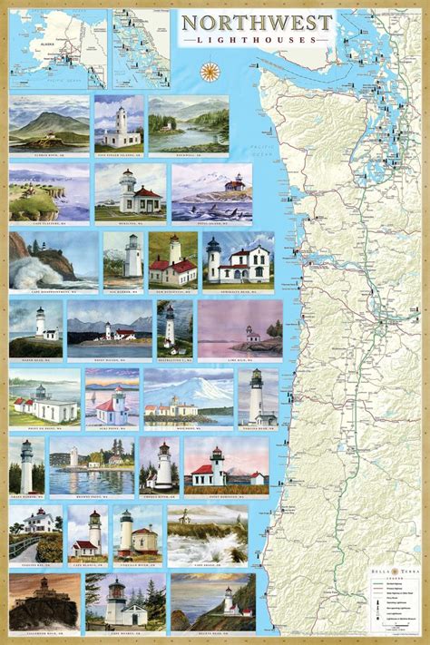 Pacific Northwest Lighthouses Illustrated Map Poster Oregon Etsy