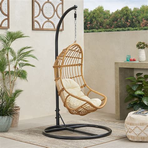 Perry Outdoor Wicker Hanging Nest Chair With Stand Gdfstudio