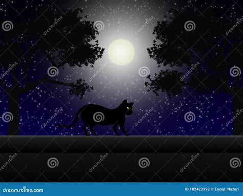 The Black Cat At Full Moon Scene Stock Illustration Illustration Of