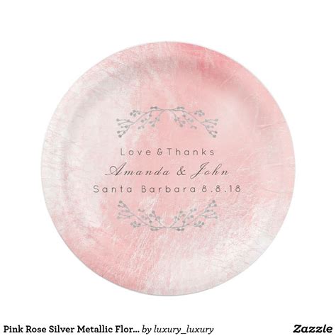 Pink Rose Silver Metallic Floral Wedding Glass 7 Inch Paper Plate