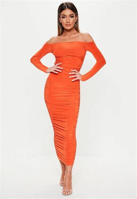 37 orange bardot slinky ruched bodycon midaxi dress click the link to purchase