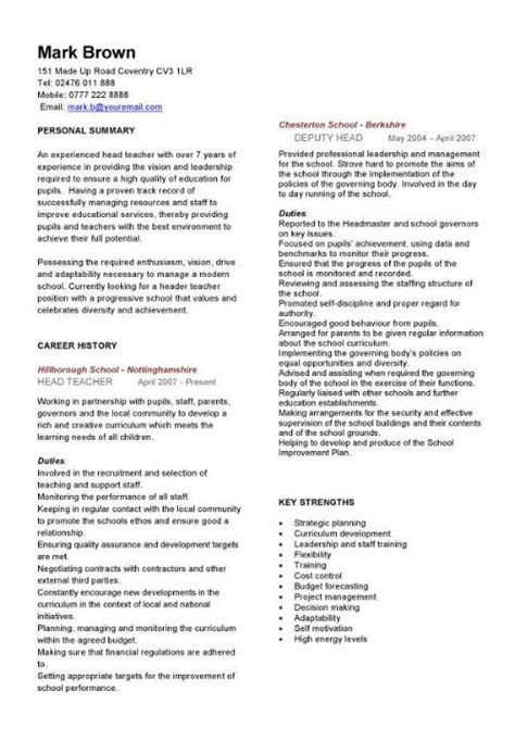 English teacher resume sample + resume making guide +11 resume examples to land your next what to write in an english teacher resume skills section. Head teacher CV sample, curriculum vitae, teaching CV, job ...