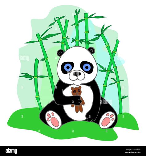 Illustration Of A Panda Cub Sitting With A Toy Bear On The Background Of Bamboo Trees Color