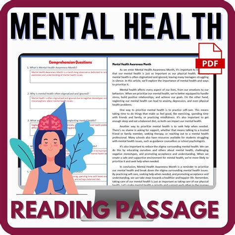 Mental Health Awareness Reading Passage With Comprehension Questions Digital And Print Made
