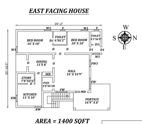 39x35 2bhk East Facing House Plan As Per Vastu Shastra Autocad Dwg
