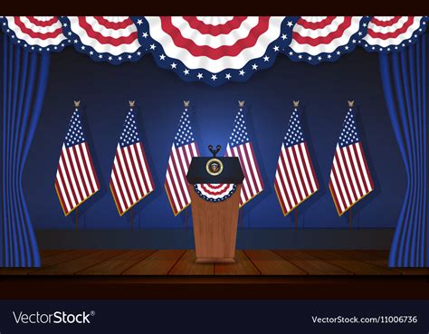 President Podium On Stage With Flagstaff On Back Vector Image