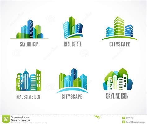 Real Estate City Skyline Icons And Logos Stock Vector Illustration