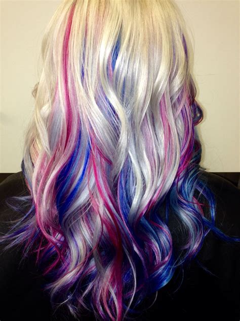 Platinum Blonde Hair With Blue Pink And Purple Streaks