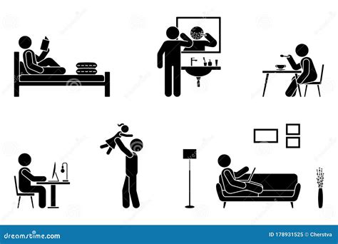 Stick Figure Man Everyday Activities Vector Icon Set Read Book Shave