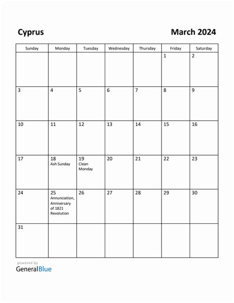 Free Printable March 2024 Calendar For Cyprus