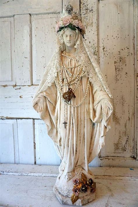 Virgin Mary Statue Large Plaster White Ivory Distressed Shabby Divine