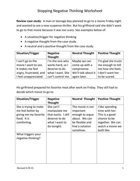 Lesson 1stopping Negative Thinking Worksheet — Db