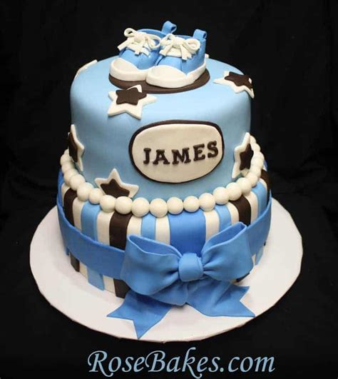 Let soccer balls, baseball cap, and jerseys be a part of your boyish theme. Brown & Blue Baby Shower Cake with Tiny Converse Shoes