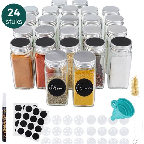 Gadgy 24 Glazen Kruidenpotjes Set Met Strooideksel Kruidenstrooier Incl Labels Krijtstift