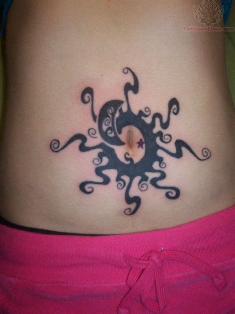 Amazing Sun With Half Moon Tattoo On Belly Button Belly Button