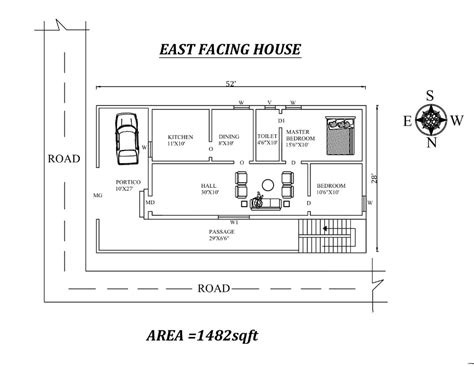 Autocad Drawing File Shows 52x28 Splendid 2bhk East Facing House Plan
